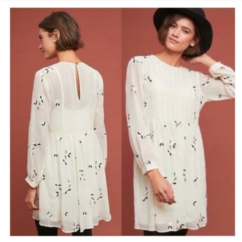 Anthropologie Feather Bone Ivory Floral Dress Size 6